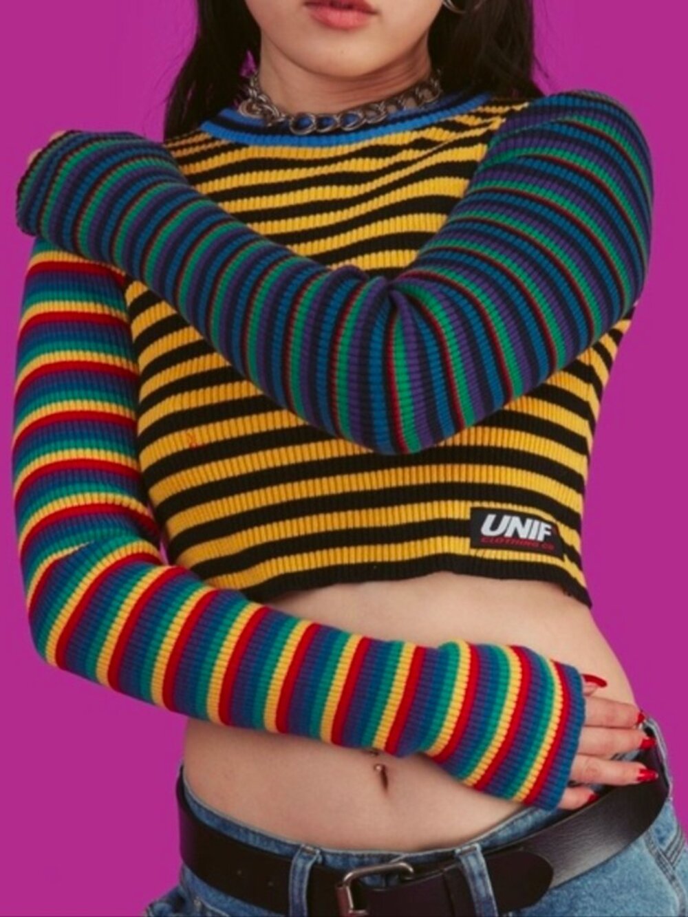 UNIF Rainbow Striped Long Sleeve Cropped Digit Top Size Small